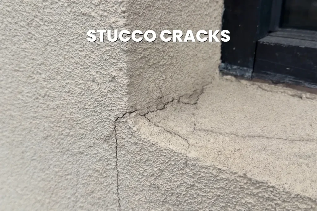 Is Your Commercial Property Hiding an $8,000 Stucco Repair? 3 A detailed close-up photograph of a textured stucco wall corner, showing numerous visible hairline and deeper cracks near a dark window frame.