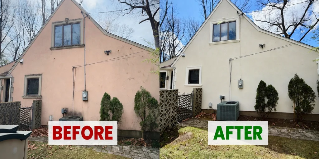 Years of Stucco Wear, Bird Holes, and Staining in Fair Lawn, NJ, Repaired the Right Way 3 Before and After photo of repaired stucco side wall with uniform elastomeric coating