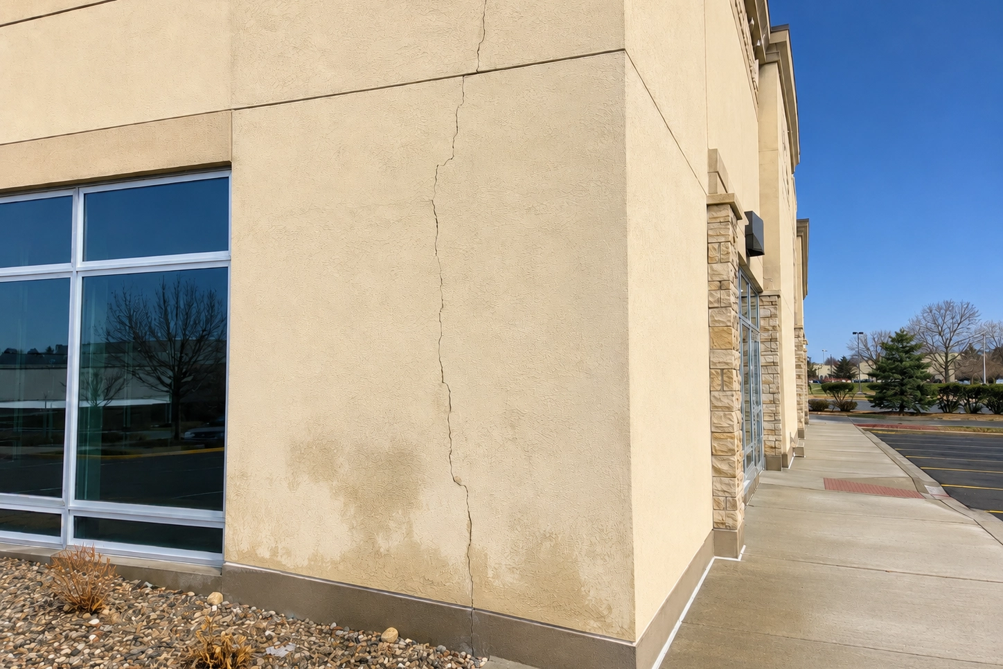 Commercial stucco crack on a New Jersey building showing signs of moisture damage near the wall base