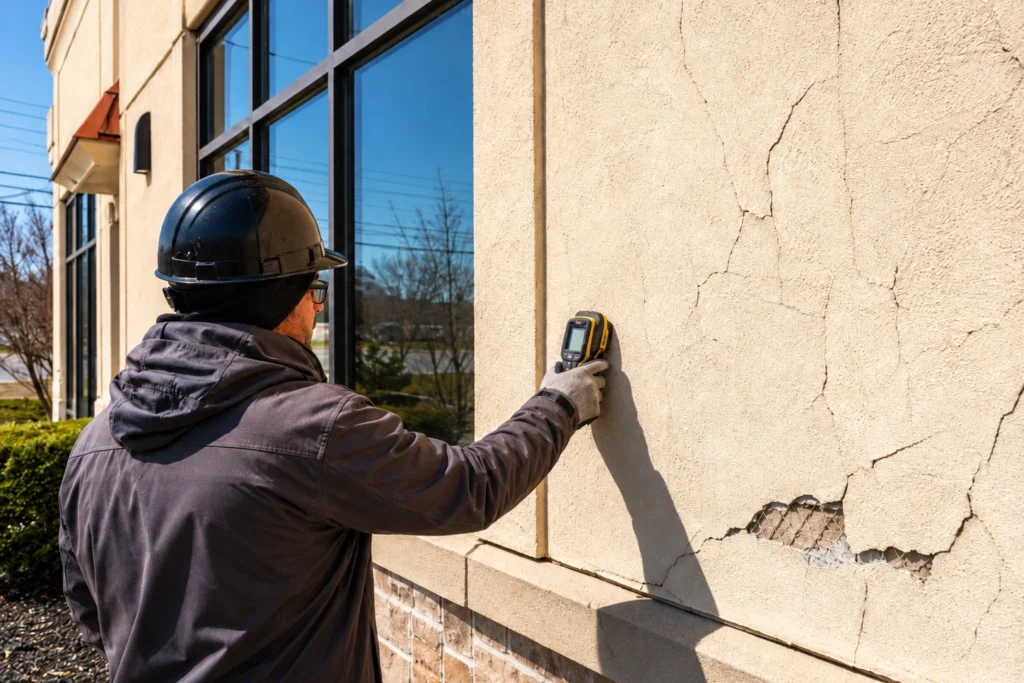 Is Your Commercial Property Hiding an $8,000 Stucco Repair? 4 Stucco repair technician inspecting moisture damage behind cracked commercial stucco in New Jersey