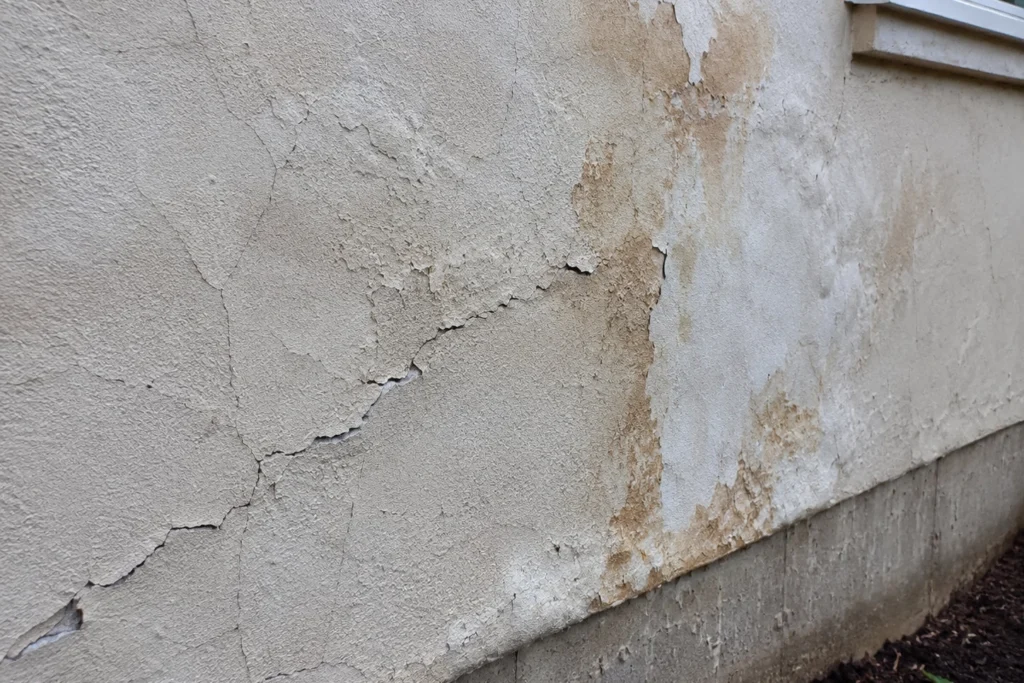 What Happens During a Free Stucco Inspection? 3 Close-up of cracked, stained, and peeling stucco showing signs of possible water intrusion