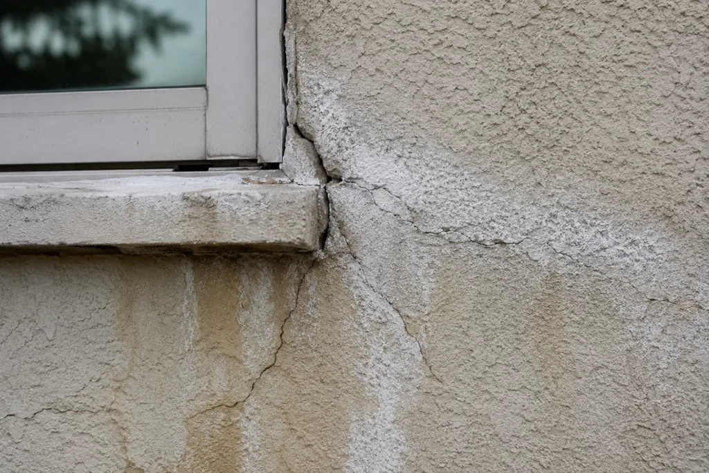 Is Damaged Stucco Raising Your Energy Bills in NJ and NY? 4 Close-up of cracked stucco near a window with staining, failed joints, and signs of moisture movement