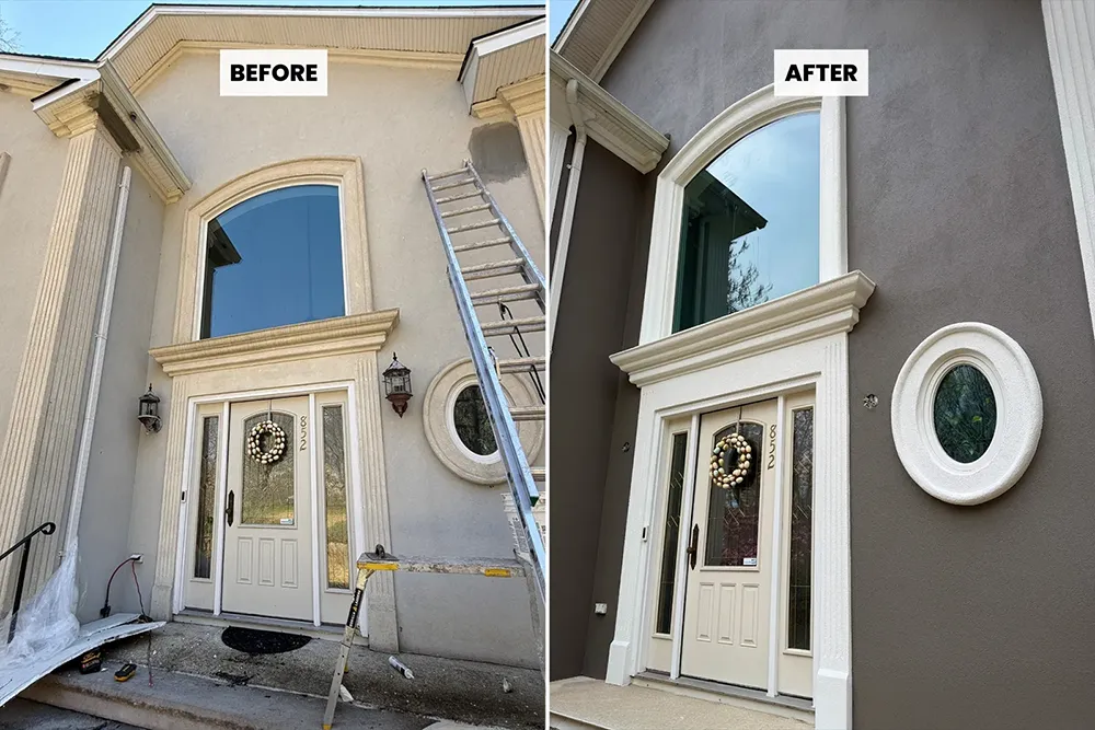 ZD Stucco Repair restores custom-built Franklin Lakes home after 30 years 5 Before and after front entry stucco repair on Franklin Lakes home with new finish and trim coating