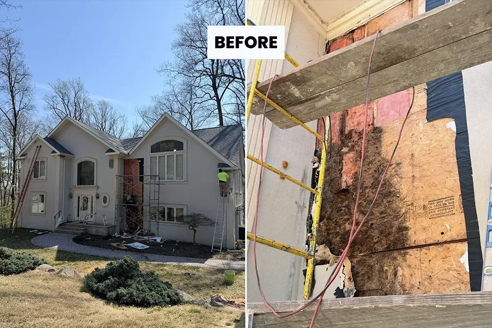 ZD Stucco Repair restores custom-built Franklin Lakes home after 30 years 4 Before photo of Franklin Lakes stucco home with wall opened for moisture damage inspection and repair