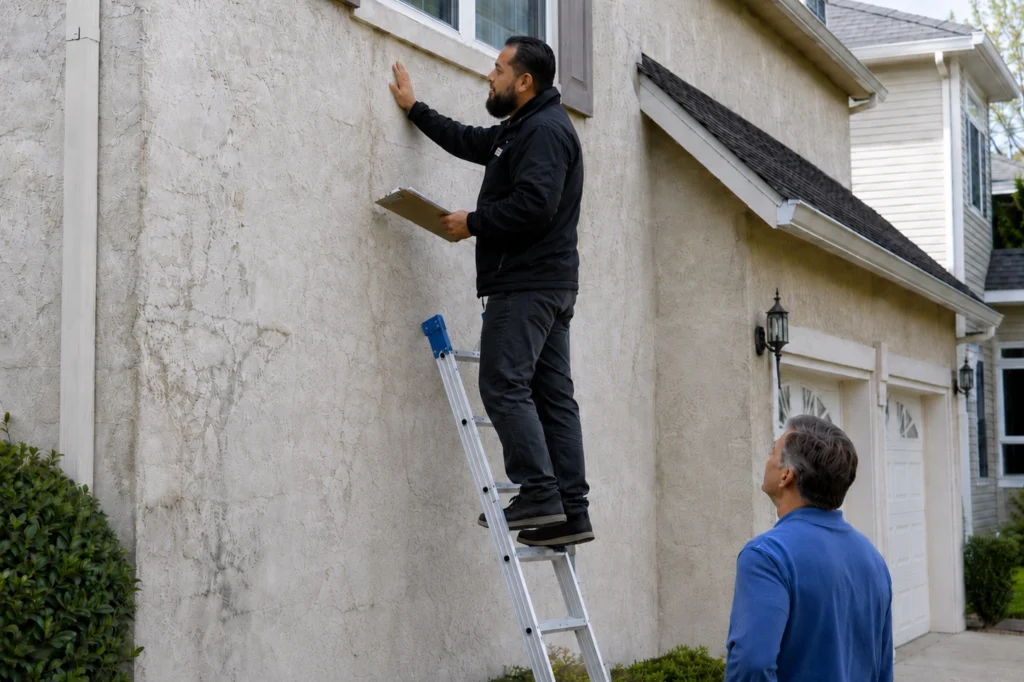 What Happens During a Free Stucco Inspection? 4 Stucco specialist inspects exterior wall cracks from a ladder during a free stucco inspection