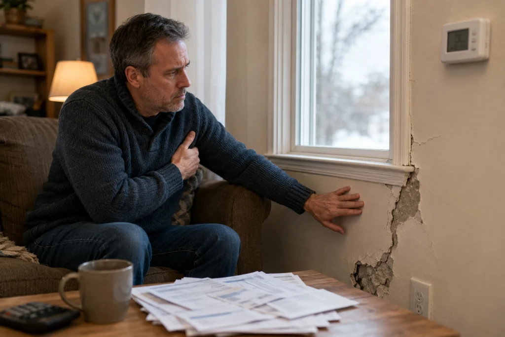 Is Damaged Stucco Raising Your Energy Bills in NJ and NY? 3 Homeowner checks cracked interior wall near a window where stucco damage may cause drafts and higher energy bills