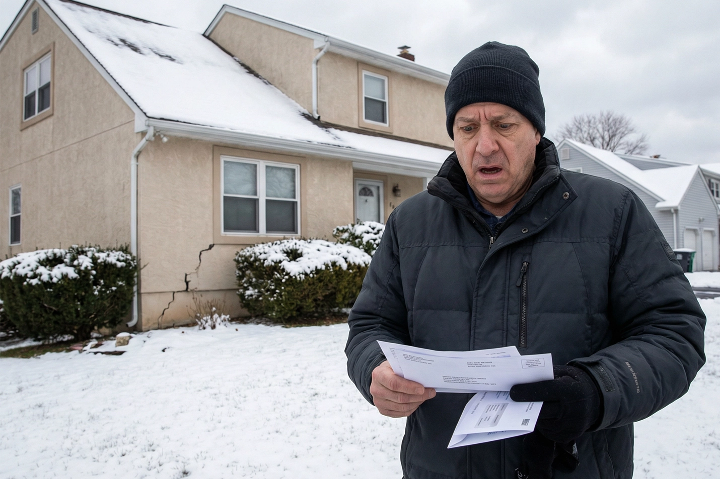 Concerned homeowner reviews heating bills near a cracked stucco home during winter