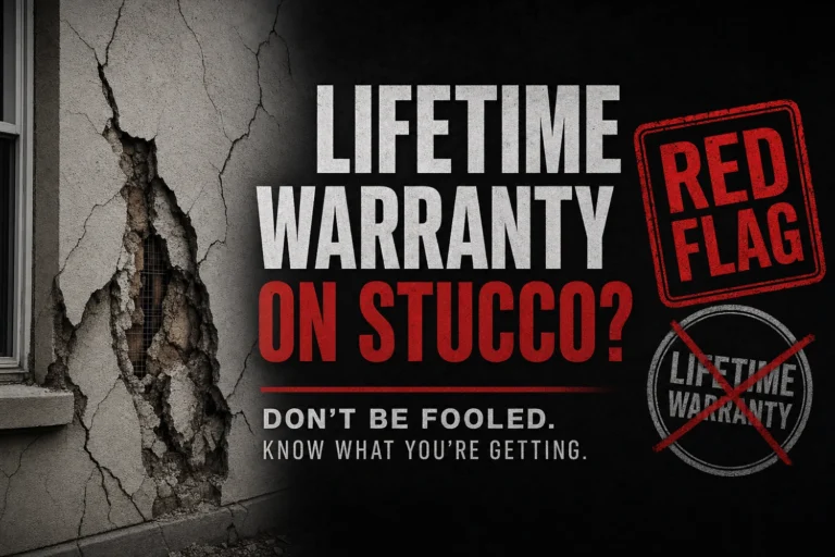 Graphic showing cracked stucco wall damage with lifetime warranty red flag warning for homeowners