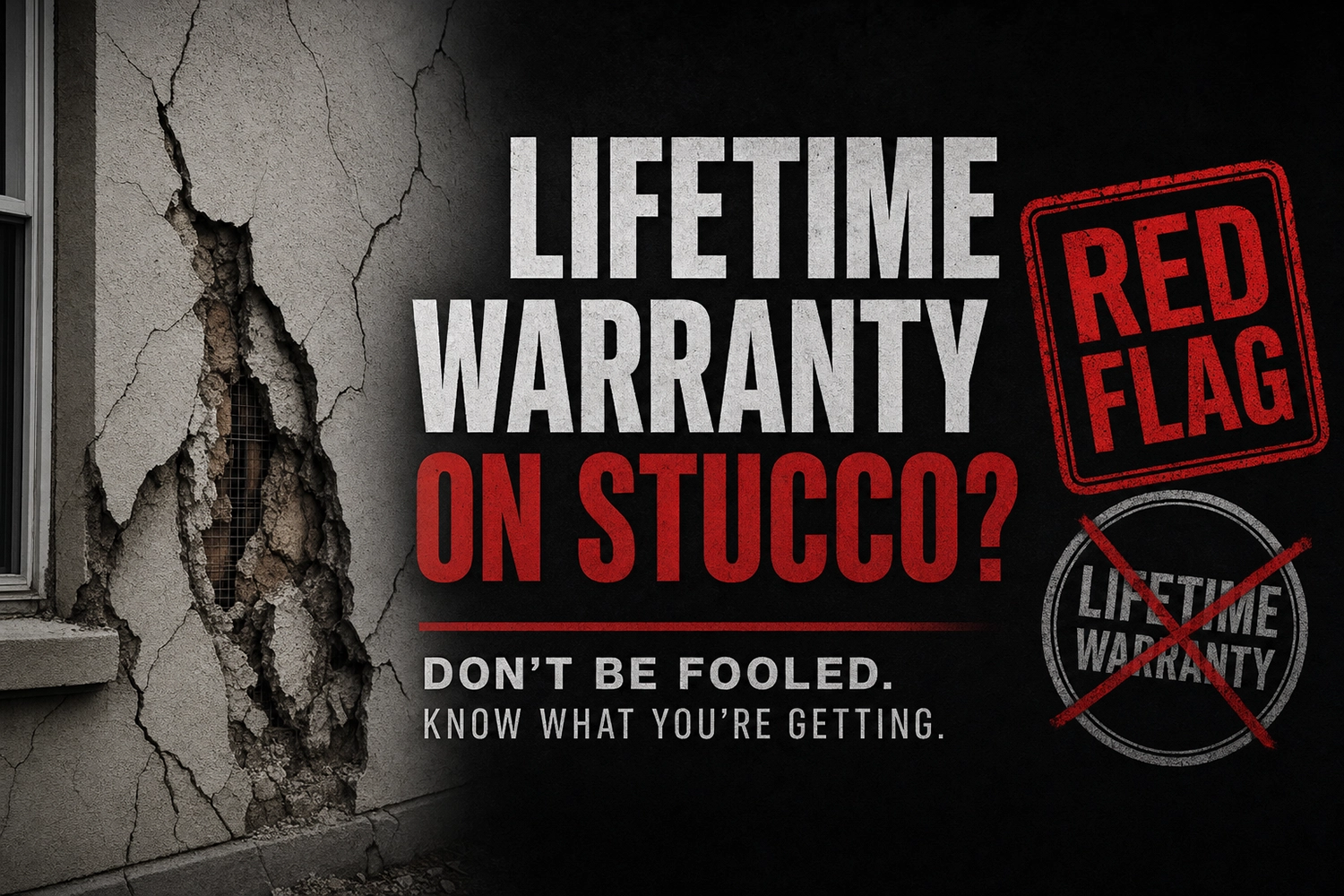 Graphic showing cracked stucco wall damage with lifetime warranty red flag warning for homeowners