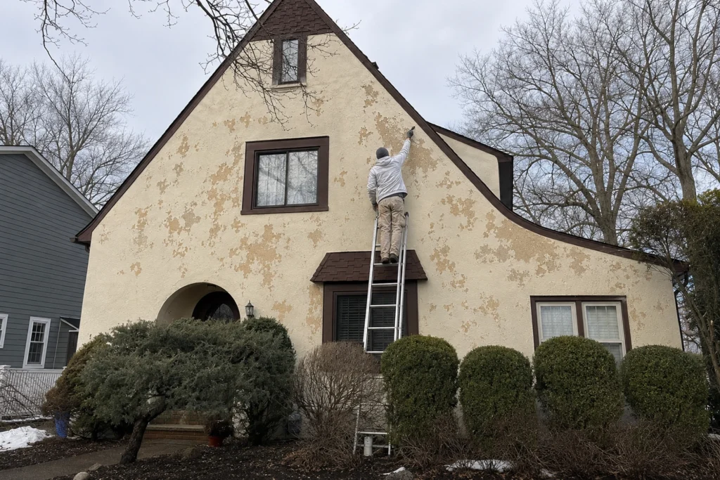 Is Your Home Exfoliating? What Peeling Stucco Really Means 3 Full exterior view of residential home with extensive peeling and flaking paint on stucco walls, showing water damage patterns and staining across facade