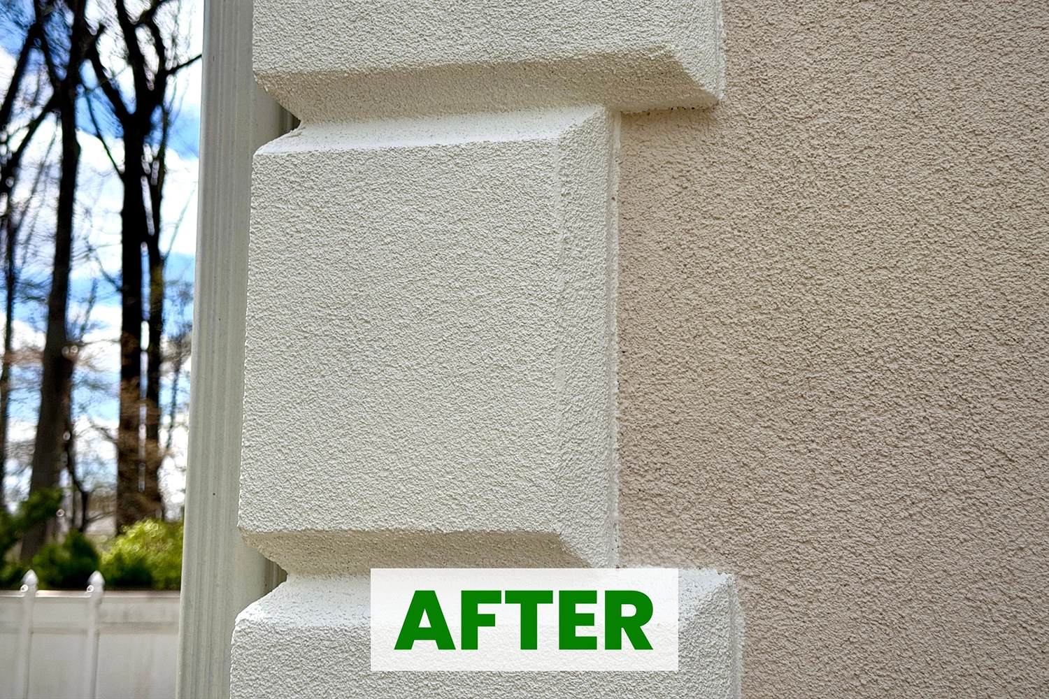 After photo of repaired stucco trim detail with clean coating in Fair Lawn NJ