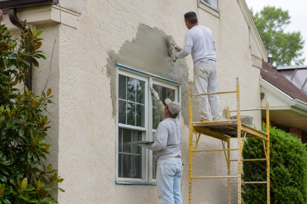 Is Damaged Stucco Raising Your Energy Bills in NJ and NY? 5 Contractors repair damaged stucco around a window to stop moisture intrusion and improve home comfort