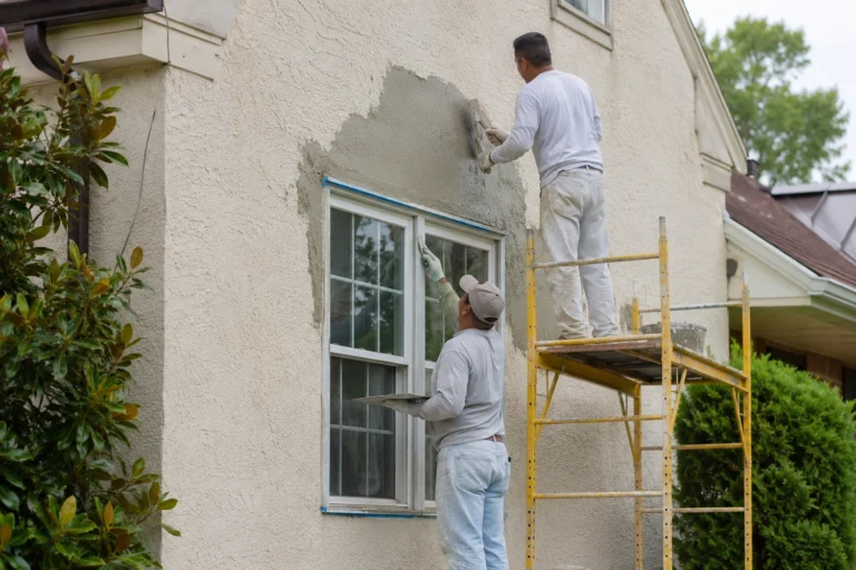 Contractors repairing stucco around an exterior window