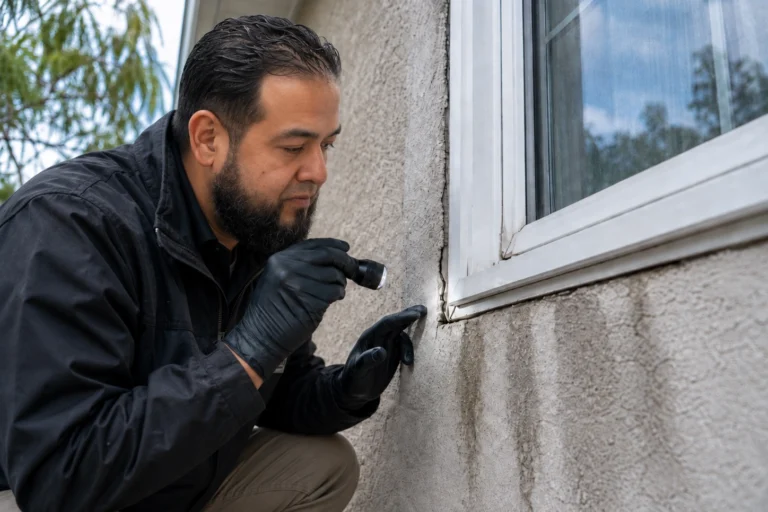 Stucco specialist checks a crack near a window during a free exterior stucco inspection in NJ