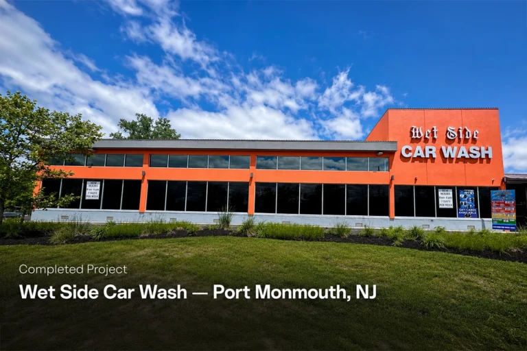Full exterior view of Wet Side Car Wash after completed commercial stucco painting project in Port Monmouth, NJ – Dryvit elastomeric coating by ZD Stucco Repair
