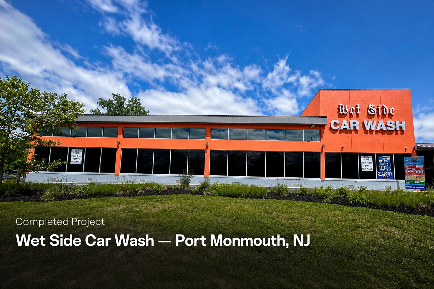 Full exterior view of Wet Side Car Wash after completed commercial stucco painting project in Port Monmouth, NJ – Dryvit elastomeric coating by ZD Stucco Repair