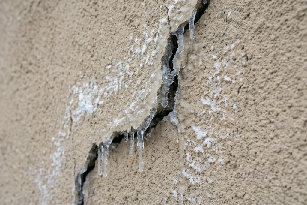 Close-up of cracked stucco with white efflorescence and ice buildup caused by moisture intrusion and freezing weather.