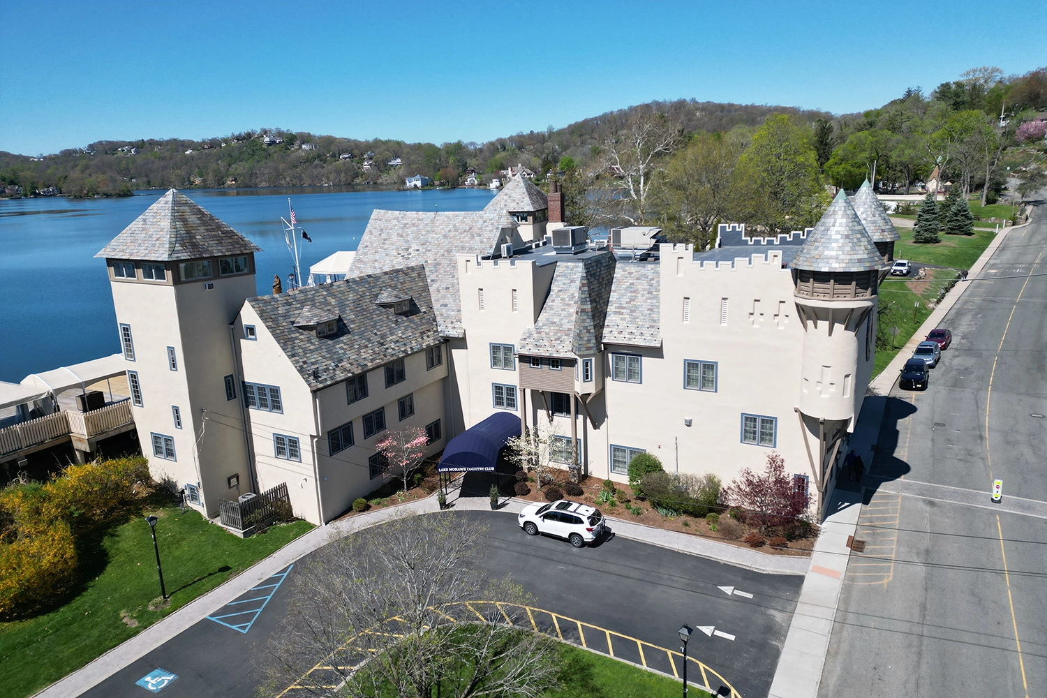 Aerial view of Lake Mohawk Country Club in Sparta, NJ after historic stucco restoration by ZD Stucco Repair