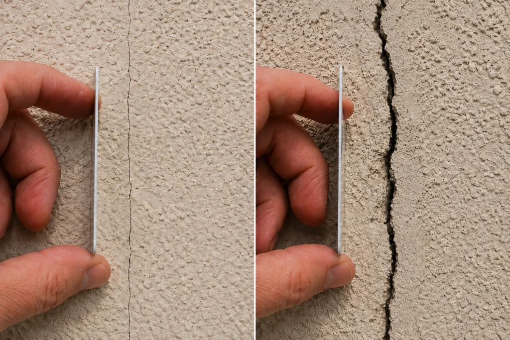 ide-by-side comparison of stucco crack widths using a measurement gauge: left shows hairline crack (less than 1/16 inch) typical of settlement, right shows wide structural crack (wider than 1/8 inch) requiring professional repair