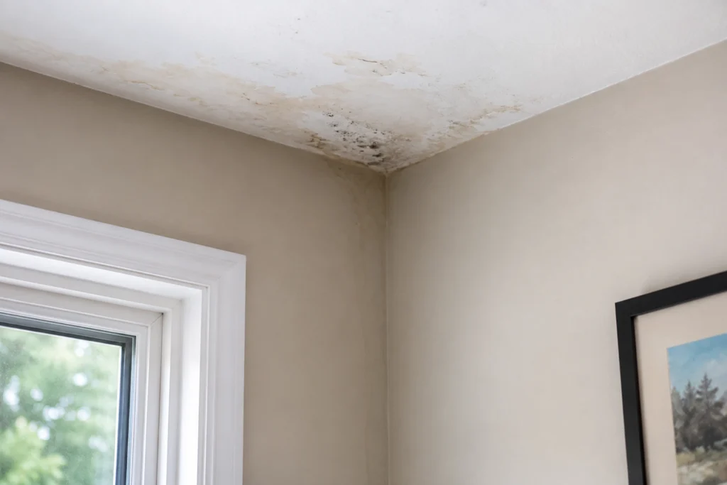 Interior ceiling water stains near a window caused by stucco leaking during heavy rain in a New Jersey home.