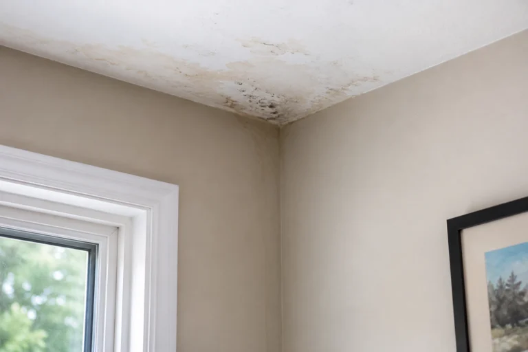 Interior ceiling water stains near a window caused by stucco leaking during heavy rain in a New Jersey home.