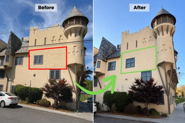 Before and after view of historic stucco restoration at Lake Mohawk Country Club in Sparta, NJ by ZD Stucco Repair