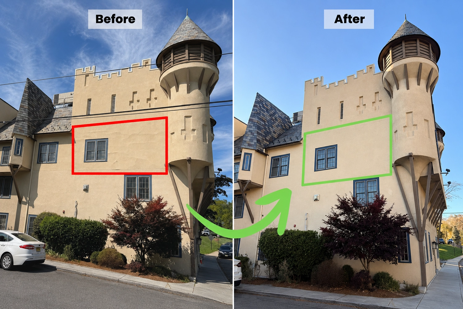Before and after view of historic stucco restoration at Lake Mohawk Country Club in Sparta, NJ by ZD Stucco Repair