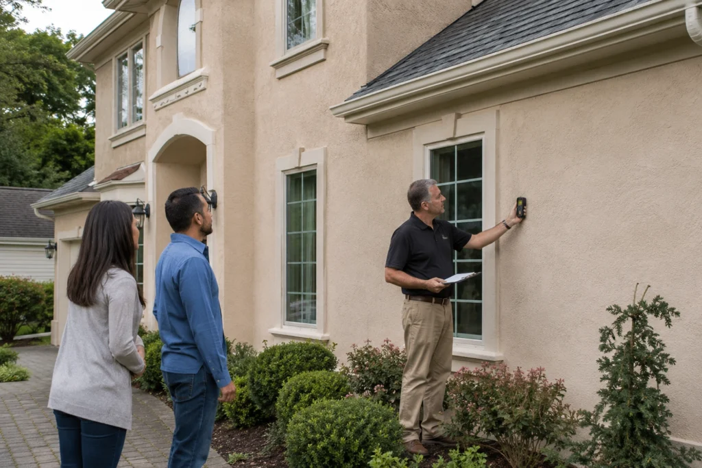 Stucco inspector using a moisture meter on a New Jersey home exterior while buyers review the wall condition before purchase.