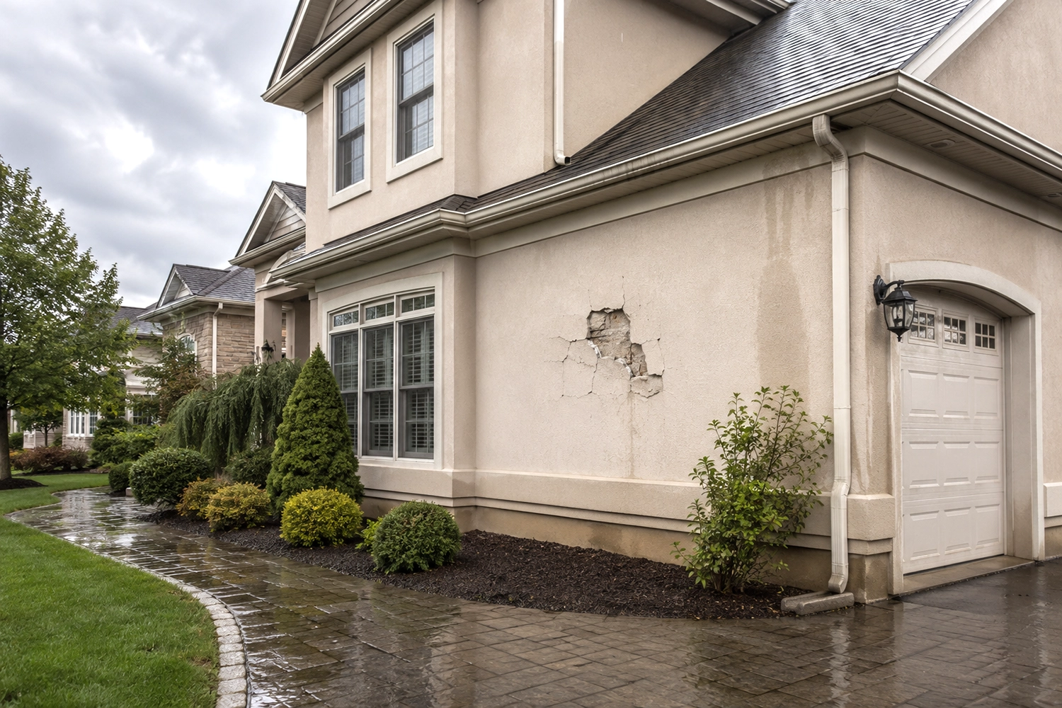 Modern stucco house exterior showing visible damage patch on facade wall, wet driveway after rain, and landscaping - example of property requiring stucco damage assessment and insurance claim for water intrusion
