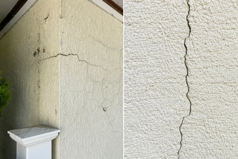 Side-by-side comparison of settlement cracks (left - multiple hairline cracks near foundation) and structural cracks (right - single wide diagonal crack), showing the visual difference between cosmetic and serious stucco damage