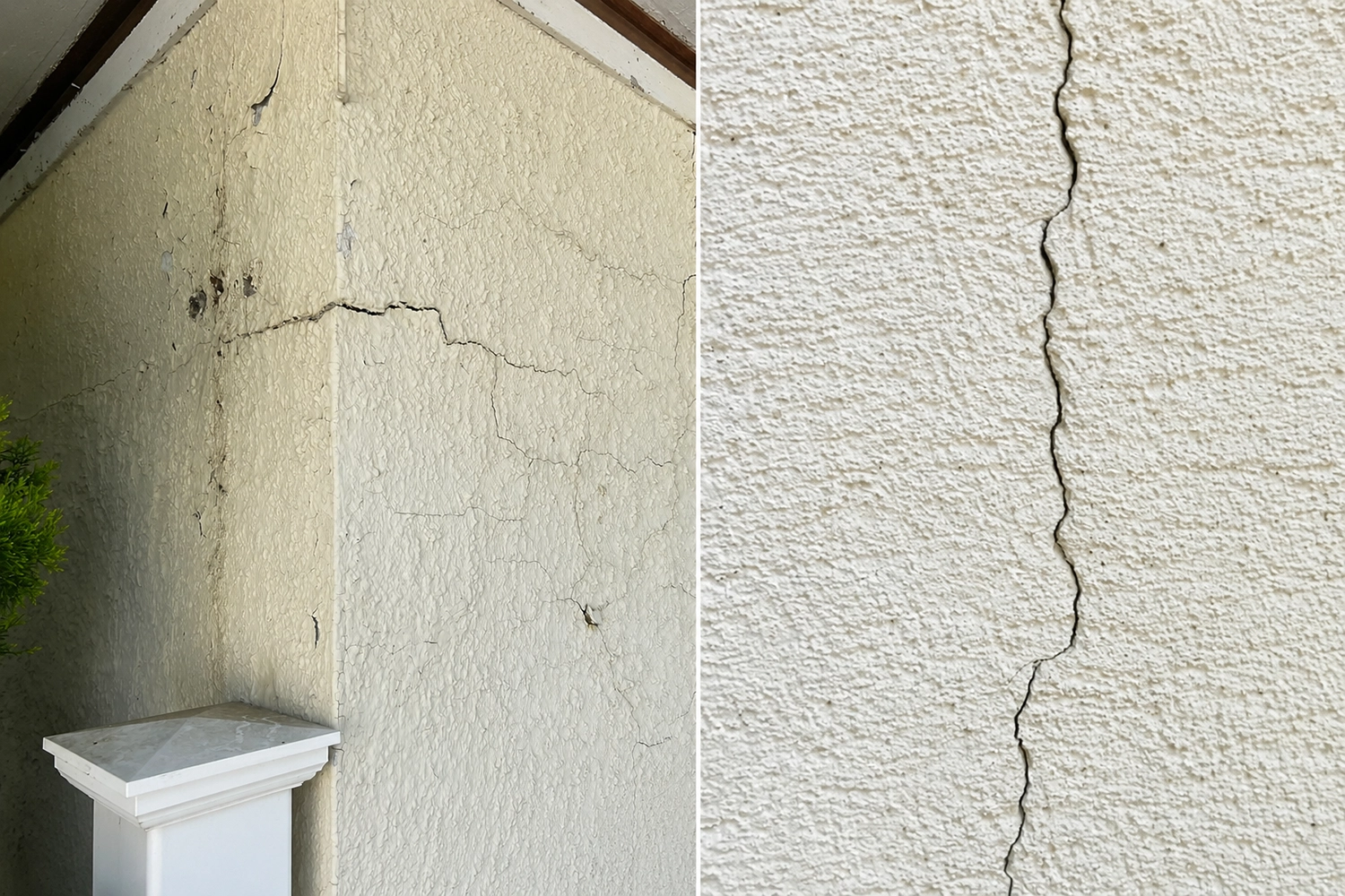 Side-by-side comparison of settlement cracks (left - multiple hairline cracks near foundation) and structural cracks (right - single wide diagonal crack), showing the visual difference between cosmetic and serious stucco damage
