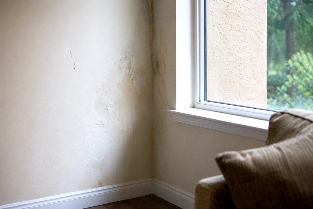 Interior wall showing water damage stains and peeling paint caused by stucco water intrusion, demonstrating gradual moisture damage to home interior