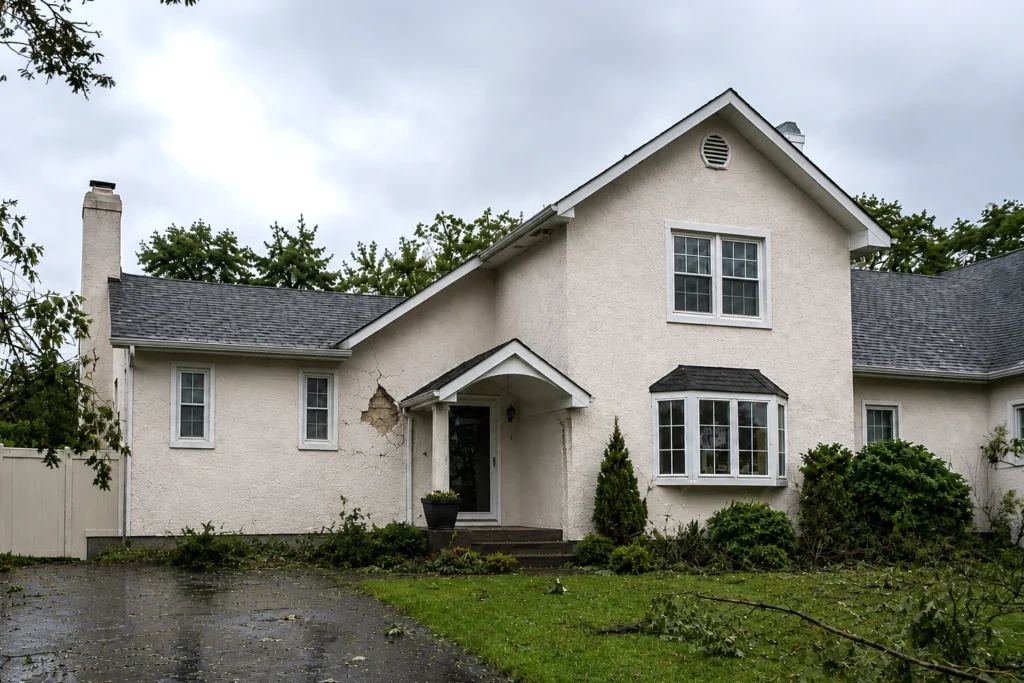 White stucco house exterior showing visible cracks and damage to cement finish, typical stucco damage requiring insurance claim assessment in New Jersey
