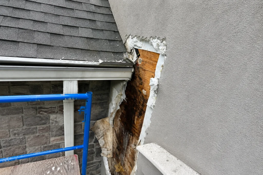 Stucco removed at roof-wall junction on a New Jersey home revealing severely rotted plywood sheathing caused by failed kickout flashing and water infiltration behind the stucco exterior