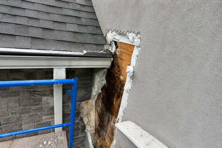 Rotted plywood exposed behind stucco at a roof-to-wall junction
