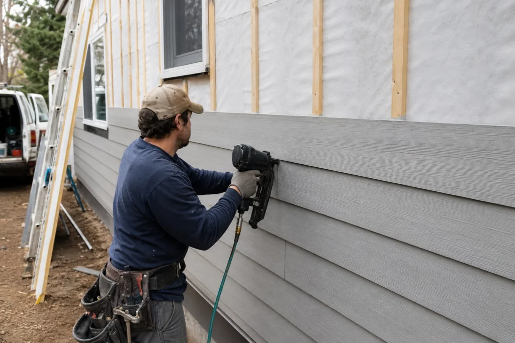 Stucco vs Fiber Cement Siding: 2026 Comparison for New Jersey Homeowners 3 Contractor installing gray fiber cement lap siding over house wrap on a residential exterior
