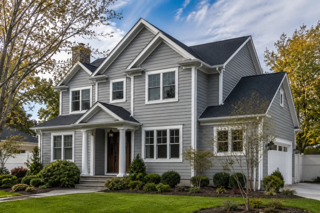 Stucco vs Fiber Cement Siding: 2026 Comparison for New Jersey Homeowners 6 Two-story New Jersey home finished with gray horizontal fiber cement siding and white trim