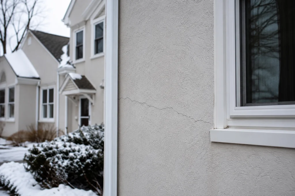 Stucco vs Fiber Cement Siding: 2026 Comparison for New Jersey Homeowners 4 Hairline crack across a stucco exterior wall beside a window during winter