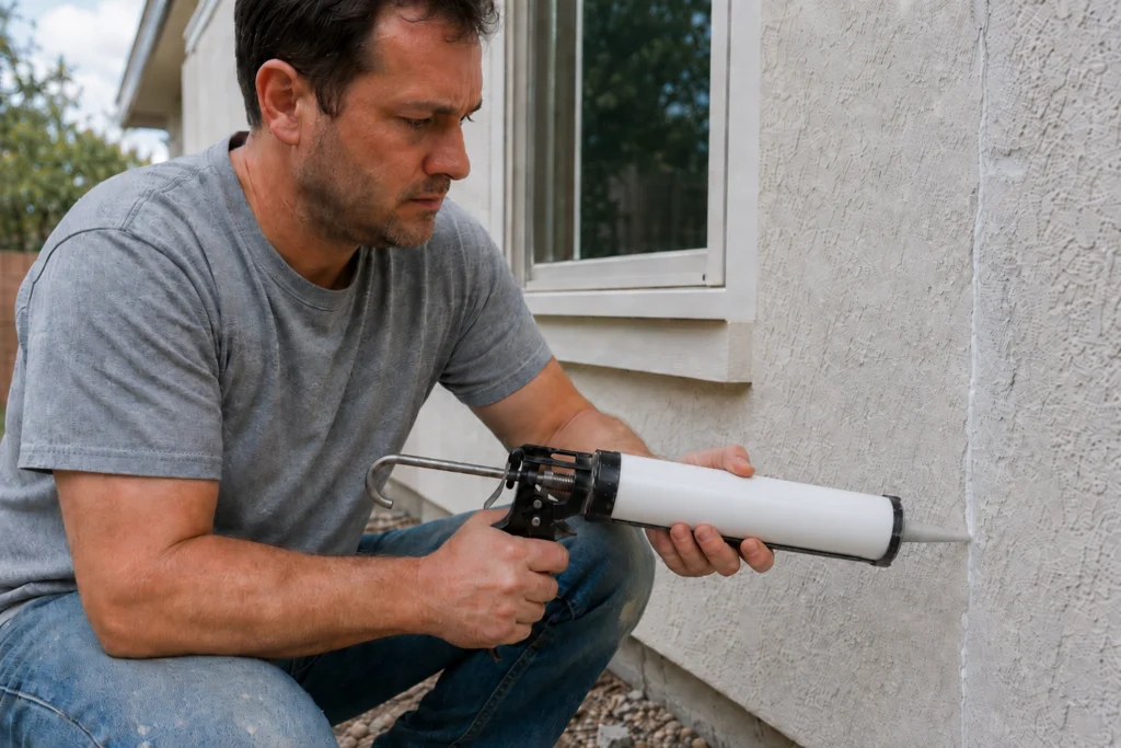 Homeowner applying construction sealant to a stucco wall crack near a window — an improper DIY repair that seals moisture inside the wall and leads to hidden water damage