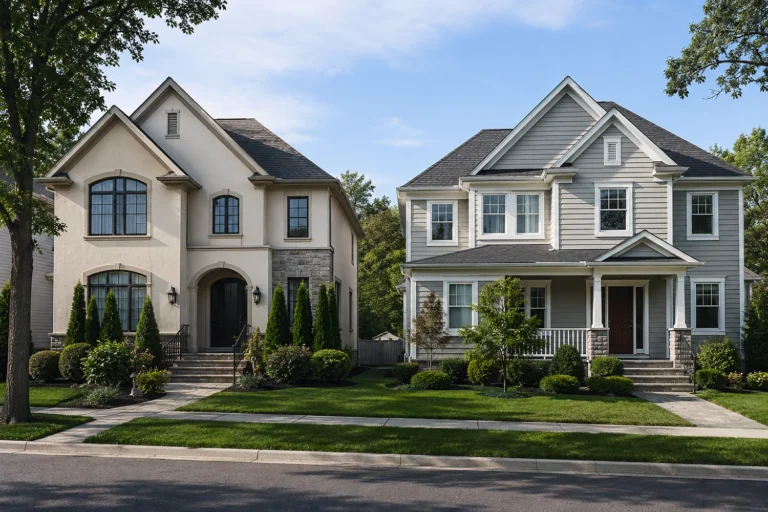 Side-by-side homes with stucco and gray fiber cement siding for exterior comparison