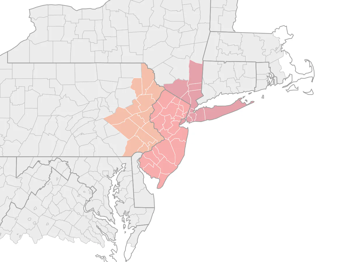 Service area map for New Jersey, Greater New York, Eastern Pennsylvania and Western Connecticut