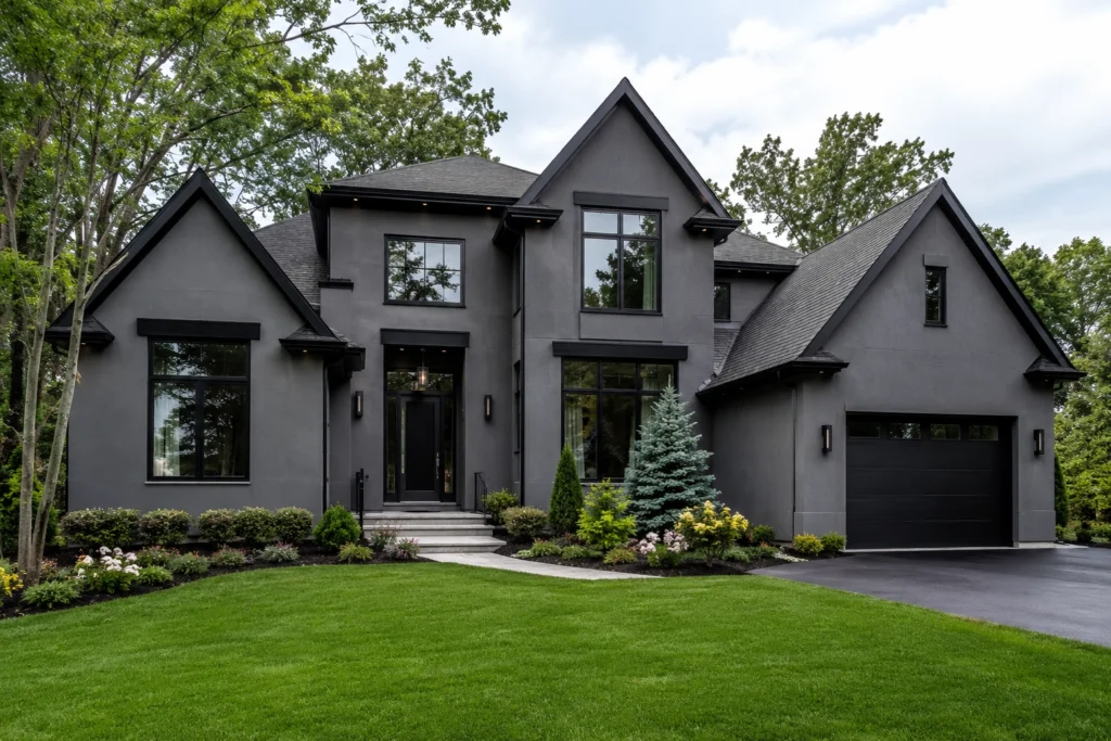 15 Gray Stucco House Ideas: Light, Dark, White Trim & Black Accents 14 dark gray stucco house black accents