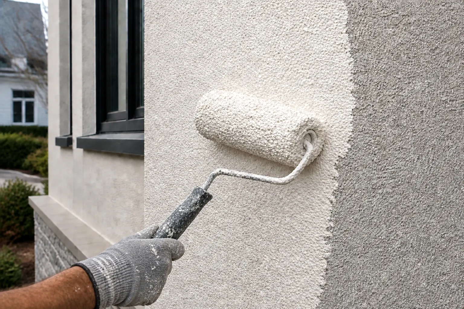 Even elastomeric coating finish on a textured exterior stucco wall
