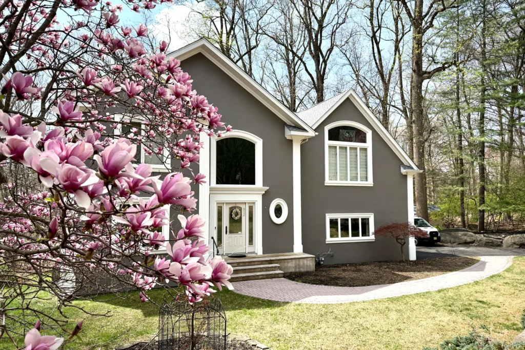 Restored front entrance garden view at Franklin Lakes residence in Franklin Lakes, NJ.