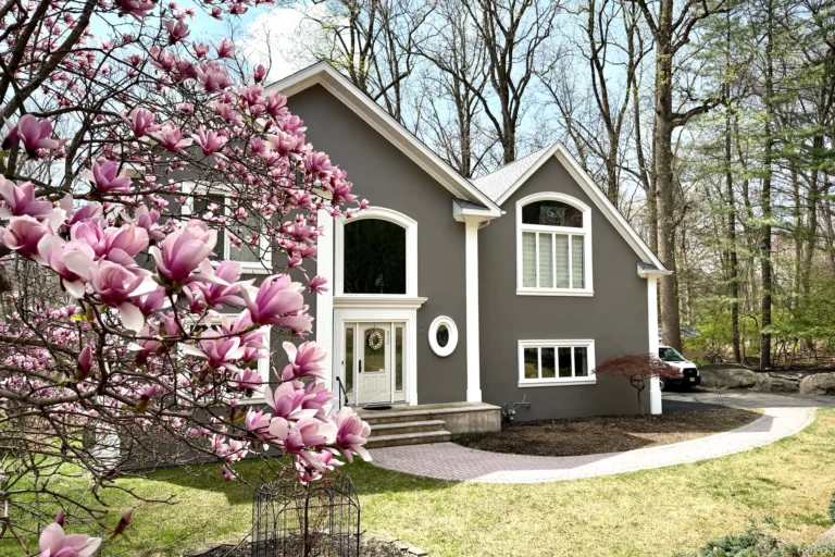 Restored front entrance garden view at Franklin Lakes residence in Franklin Lakes, NJ.