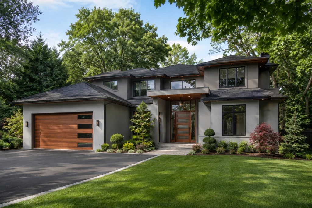 15 Gray Stucco House Ideas: Light, Dark, White Trim & Black Accents 16 gray stucco house black roof wood accents