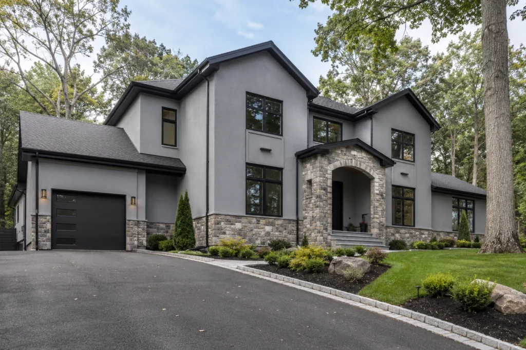 15 Gray Stucco House Ideas: Light, Dark, White Trim & Black Accents 11 gray stucco house natural stone