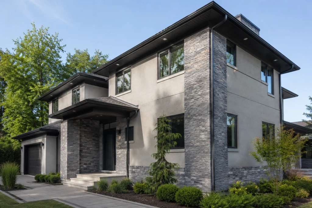 Stucco and Stone Exterior: 15 Ideas for Modern and Traditional Homes 16 gray stucco house with stacked stone