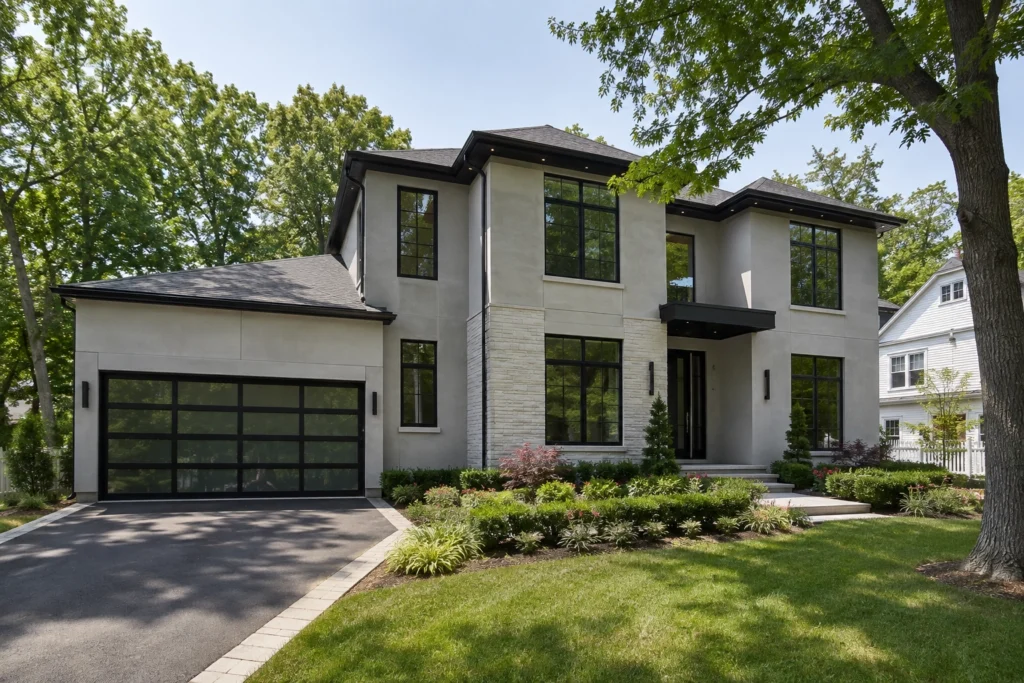 15 Gray Stucco House Ideas: Light, Dark, White Trim & Black Accents 4 modern light gray stucco house black windows