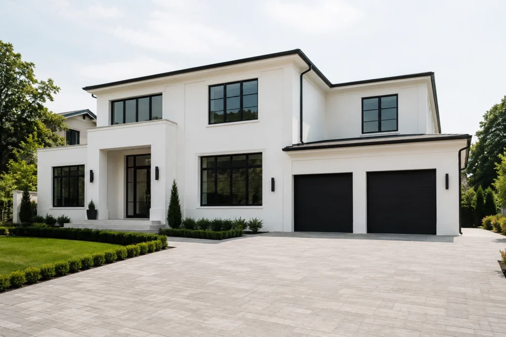 15 White Stucco House Ideas: Black Trim, Windows, Stone & Modern Designs 4 modern white stucco house black windows